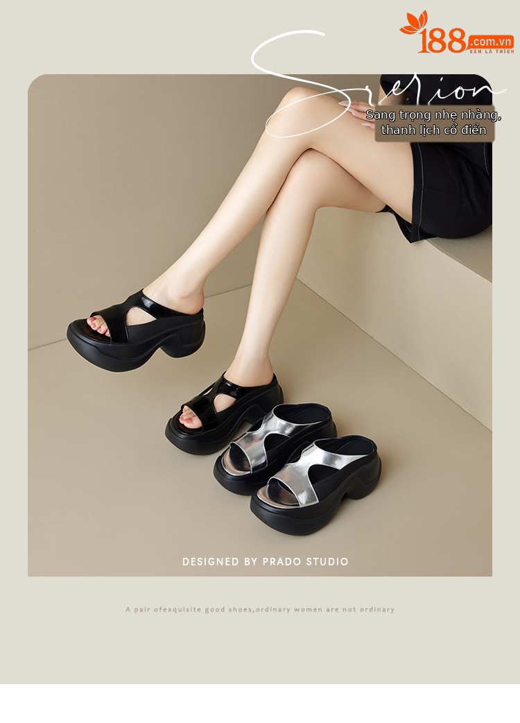 Dép xỏ ngón nữ đế dày da thật 8cm phong cách platform hở mũi — đen, bạc chi tiết 1