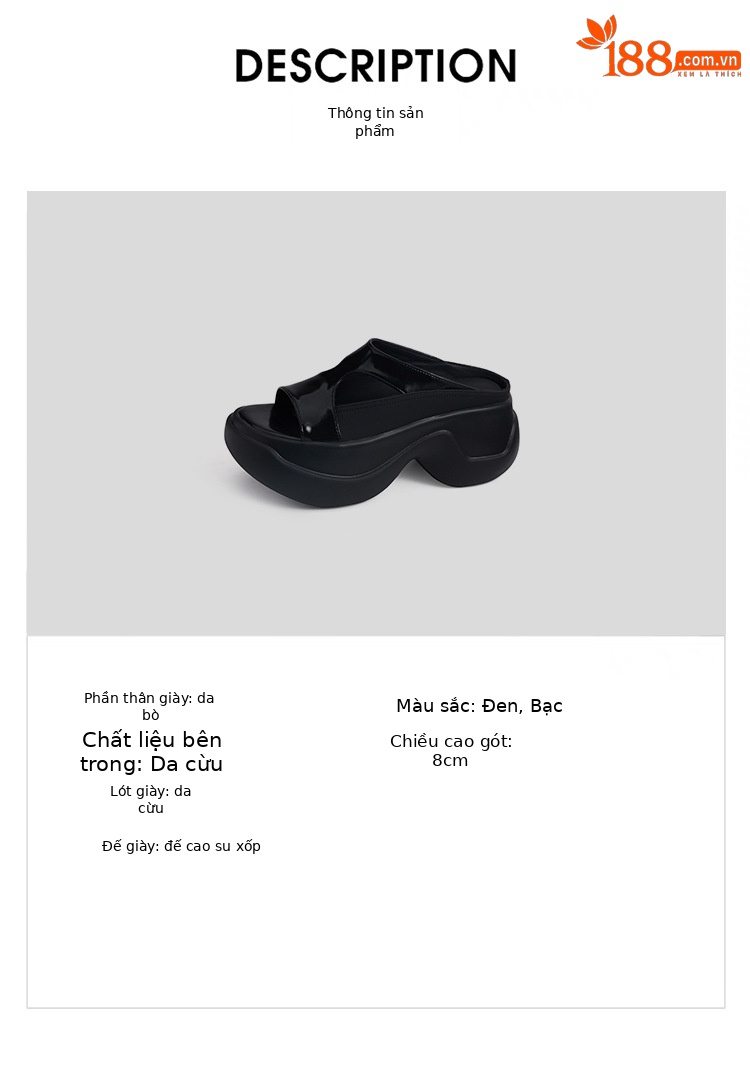 Dép xỏ ngón nữ đế dày da thật 8cm phong cách platform hở mũi — đen, bạc chi tiết 2