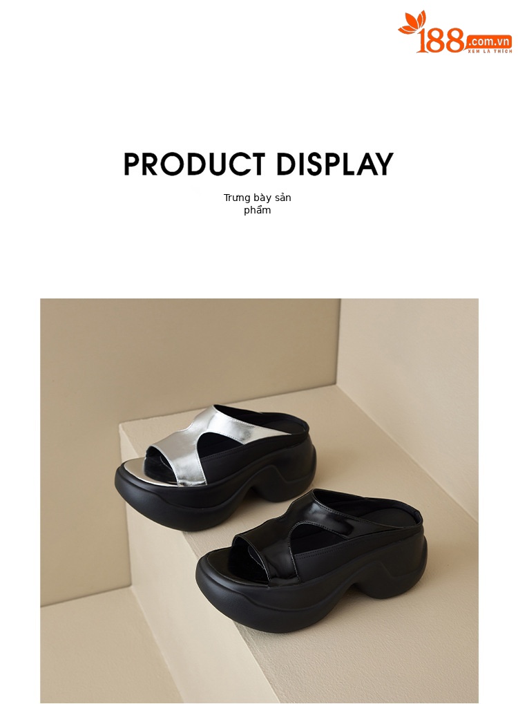 Dép xỏ ngón nữ đế dày da thật 8cm phong cách platform hở mũi — đen, bạc chi tiết 19