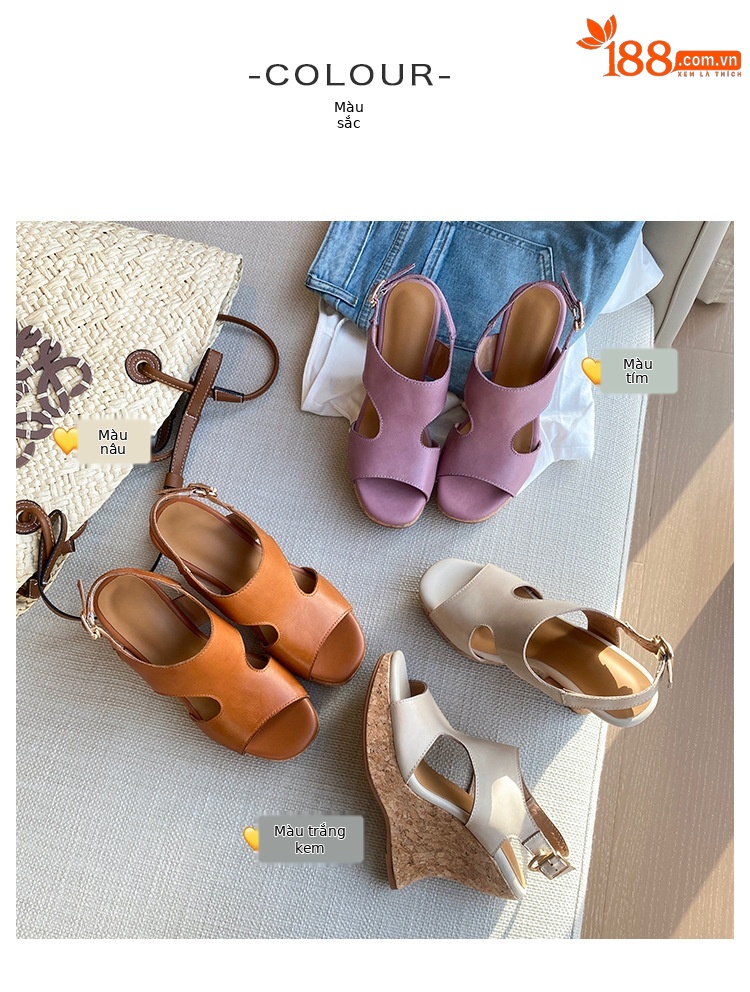 Sandal cao gót nữ da bò thật đế xuồng platform mũi hở gót siêu cao 2025 — nâu, Tím, Màu trắng nhạt chi tiết 6
