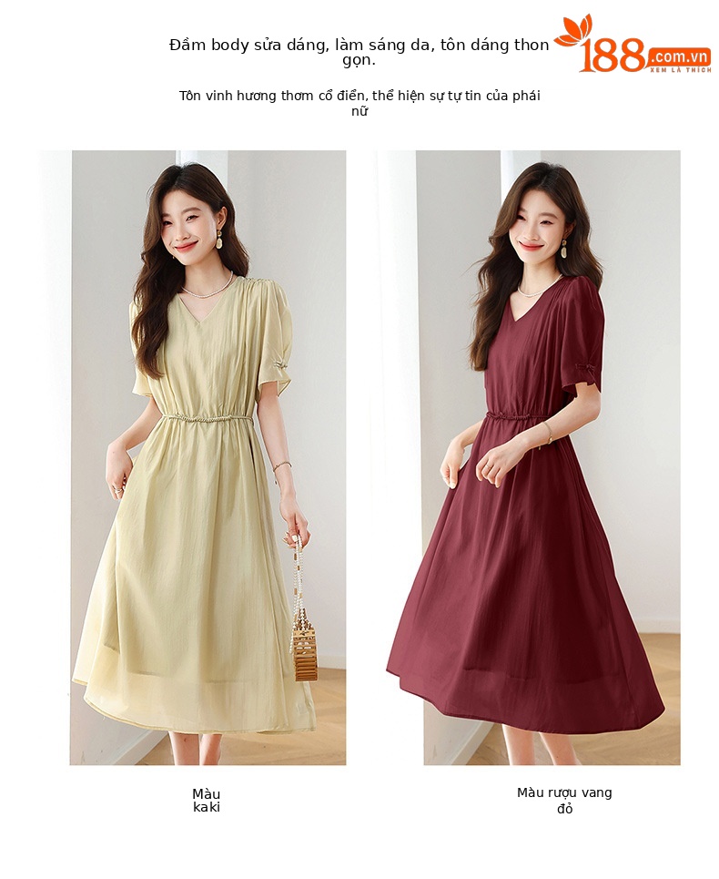 Đầm ôm body nữ cổ chữ V tay ngắn thiết kế eo ZQ2579 — Màu đỏ rượu, Màu kaki chi tiết 3