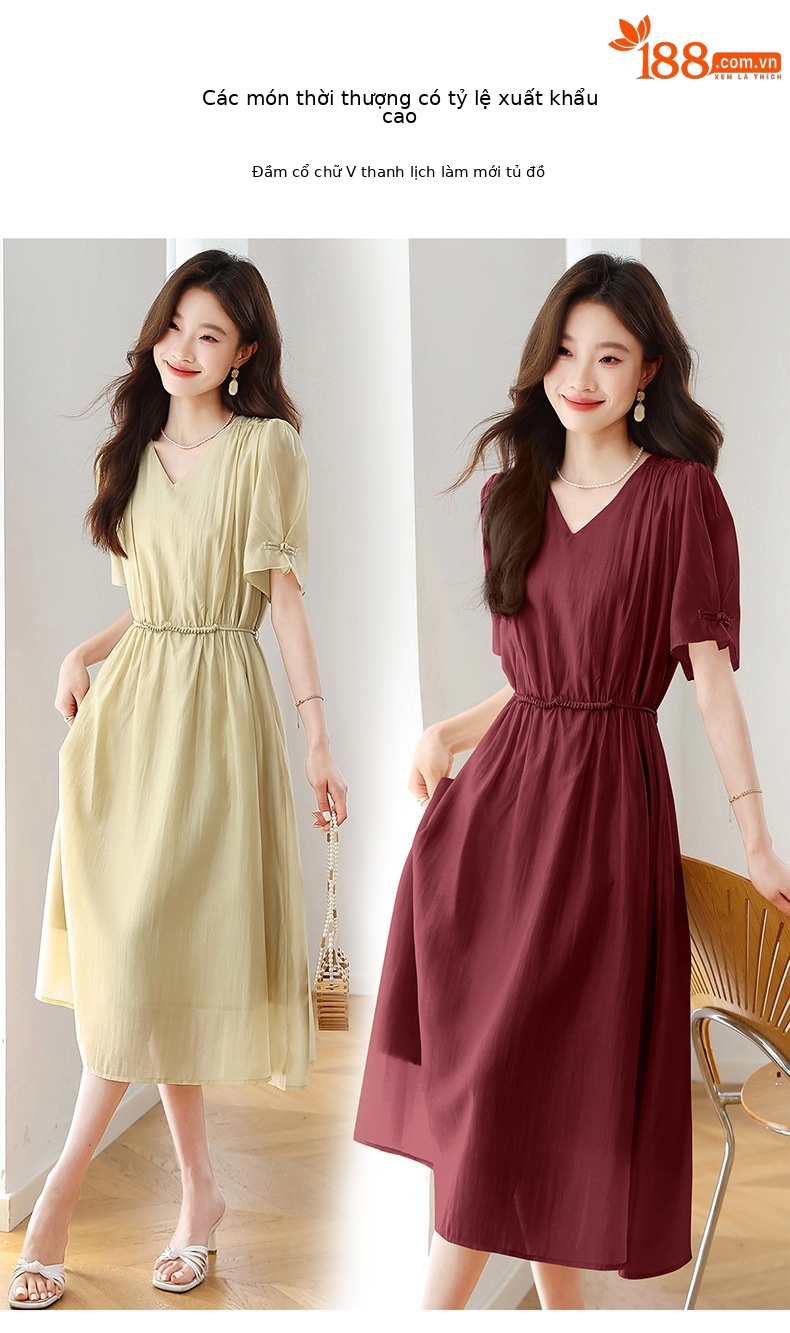 Đầm ôm body nữ cổ chữ V tay ngắn thiết kế eo ZQ2579 — Màu đỏ rượu, Màu kaki chi tiết 6