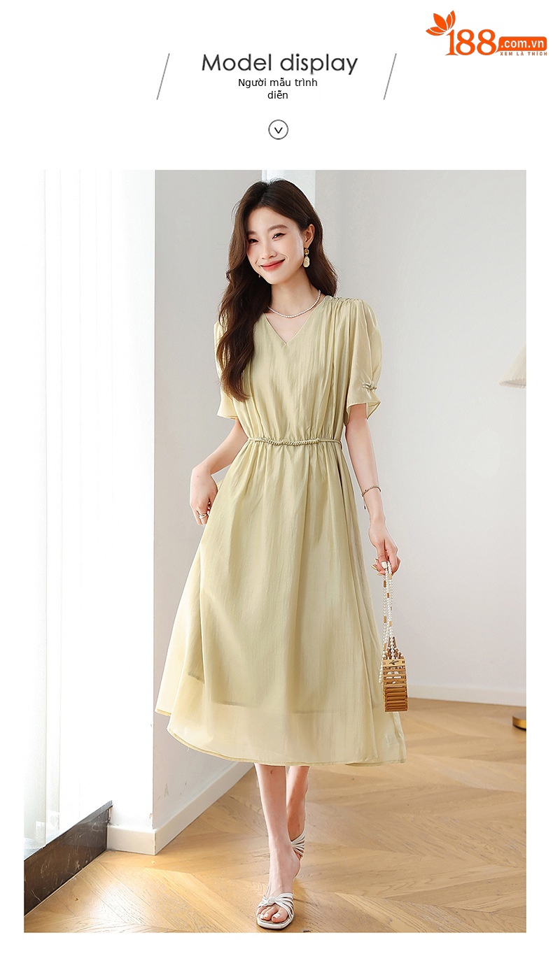 Đầm ôm body nữ cổ chữ V tay ngắn thiết kế eo ZQ2579 — Màu đỏ rượu, Màu kaki chi tiết 12
