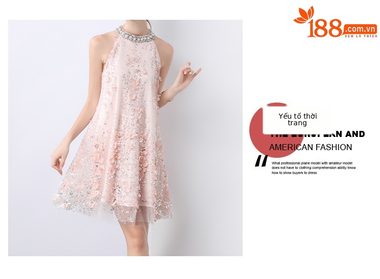 Đầm maxi cổ đeo hoa nổi đính hạt sang trọng Âu Mỹ tôn dáng mùa hè — Màu xanh lam, Màu hồng chi tiết 2