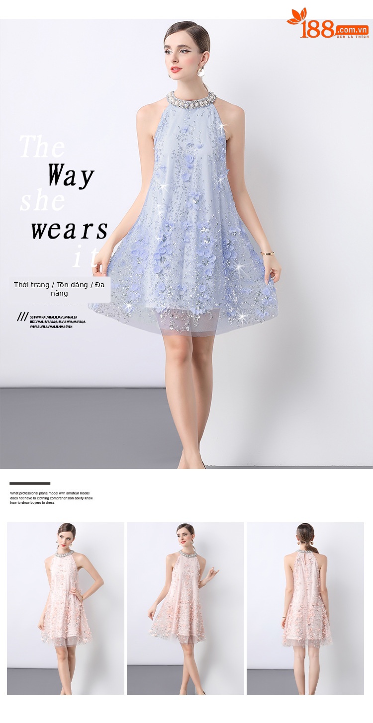 Đầm maxi cổ đeo hoa nổi đính hạt sang trọng Âu Mỹ tôn dáng mùa hè — Màu xanh lam, Màu hồng chi tiết 3