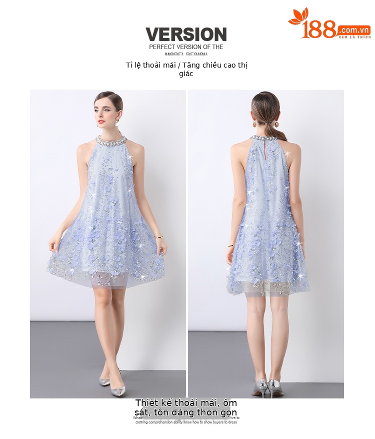 Đầm maxi cổ đeo hoa nổi đính hạt sang trọng Âu Mỹ tôn dáng mùa hè — Màu xanh lam, Màu hồng chi tiết 4