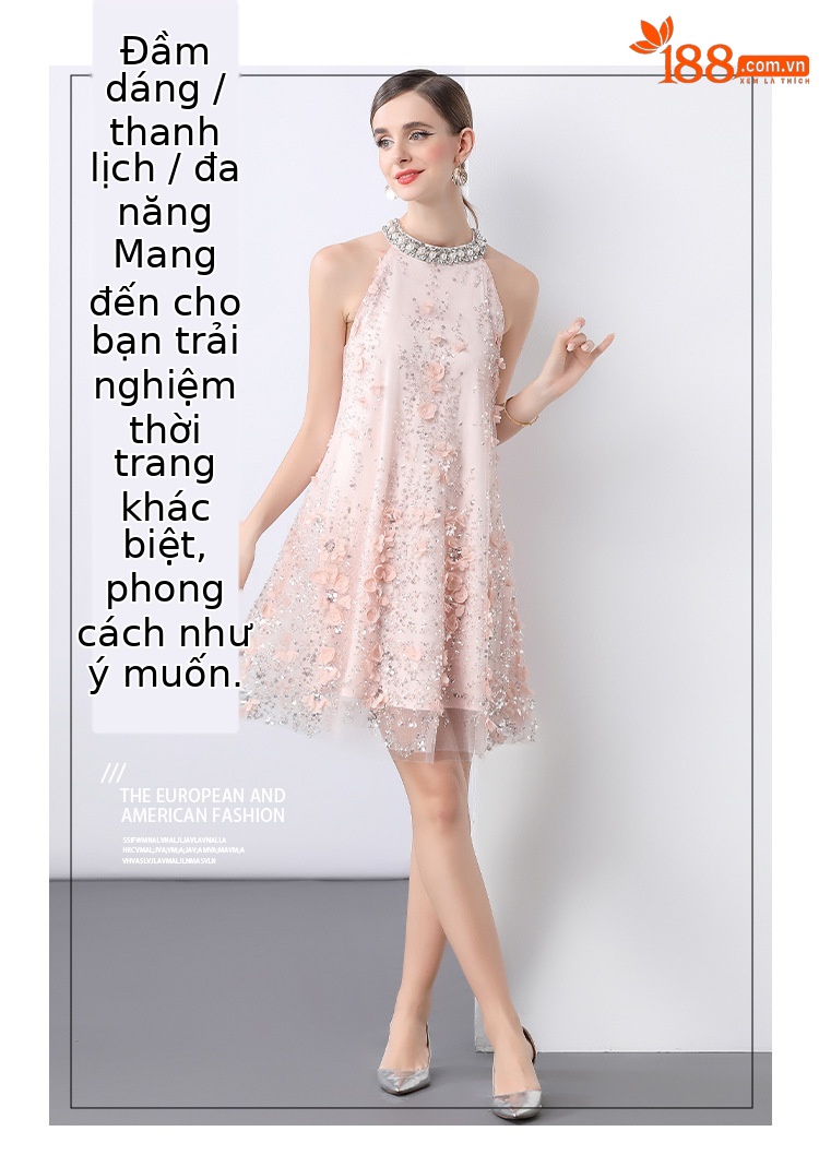 Đầm maxi cổ đeo hoa nổi đính hạt sang trọng Âu Mỹ tôn dáng mùa hè — Màu xanh lam, Màu hồng chi tiết 5