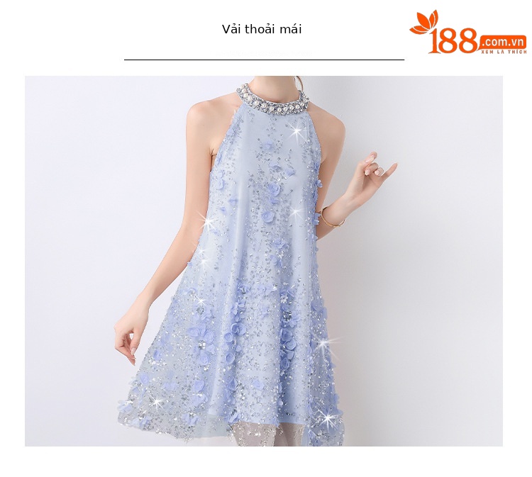 Đầm maxi cổ đeo hoa nổi đính hạt sang trọng Âu Mỹ tôn dáng mùa hè — Màu xanh lam, Màu hồng chi tiết 6