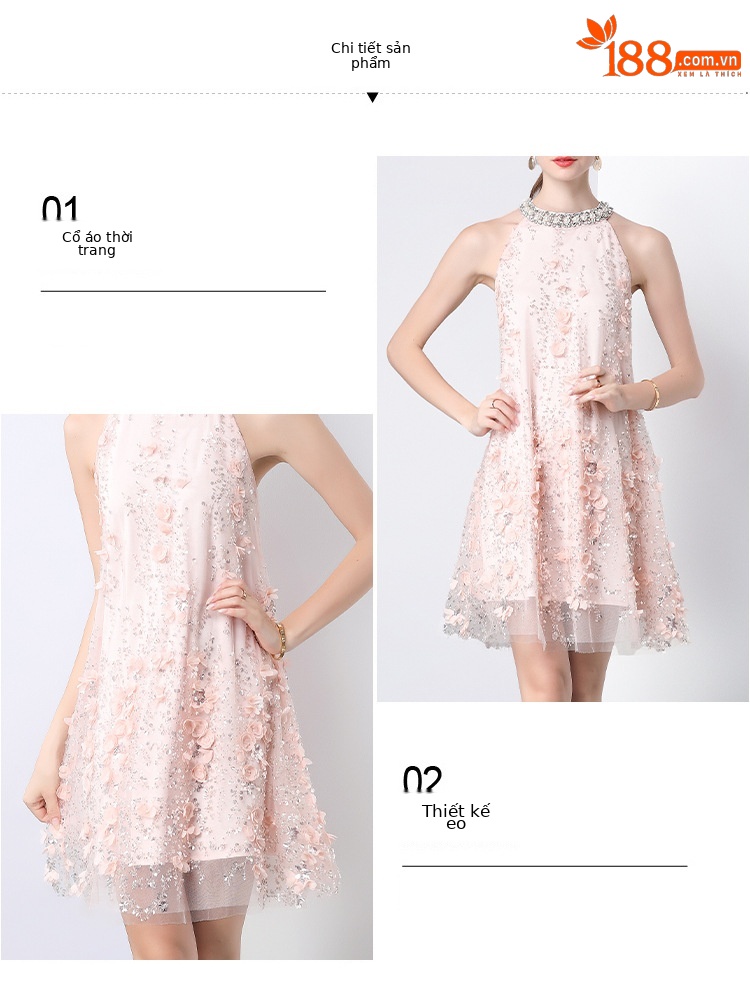 Đầm maxi cổ đeo hoa nổi đính hạt sang trọng Âu Mỹ tôn dáng mùa hè — Màu xanh lam, Màu hồng chi tiết 7