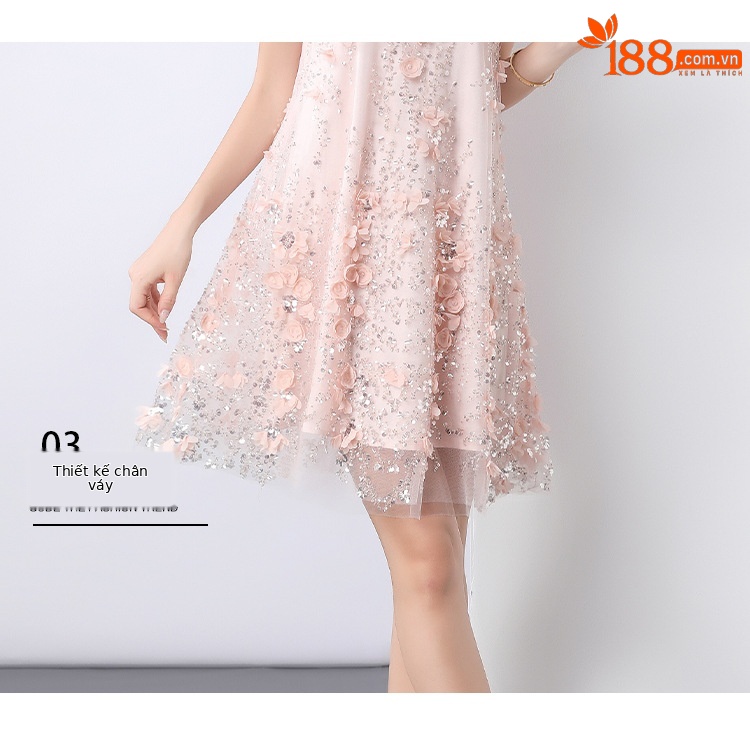 Đầm maxi cổ đeo hoa nổi đính hạt sang trọng Âu Mỹ tôn dáng mùa hè — Màu xanh lam, Màu hồng chi tiết 8