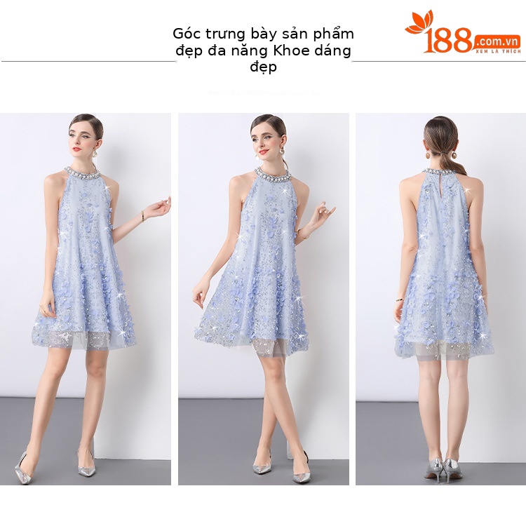 Đầm maxi cổ đeo hoa nổi đính hạt sang trọng Âu Mỹ tôn dáng mùa hè — Màu xanh lam, Màu hồng chi tiết 9