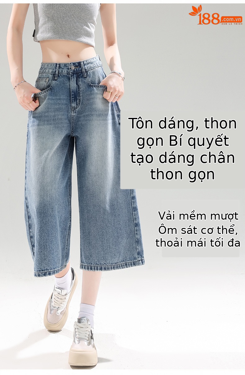Quần jean nữ ống rộng cạp cao dáng suông mùa hè — Màu xanh lam chi tiết 3