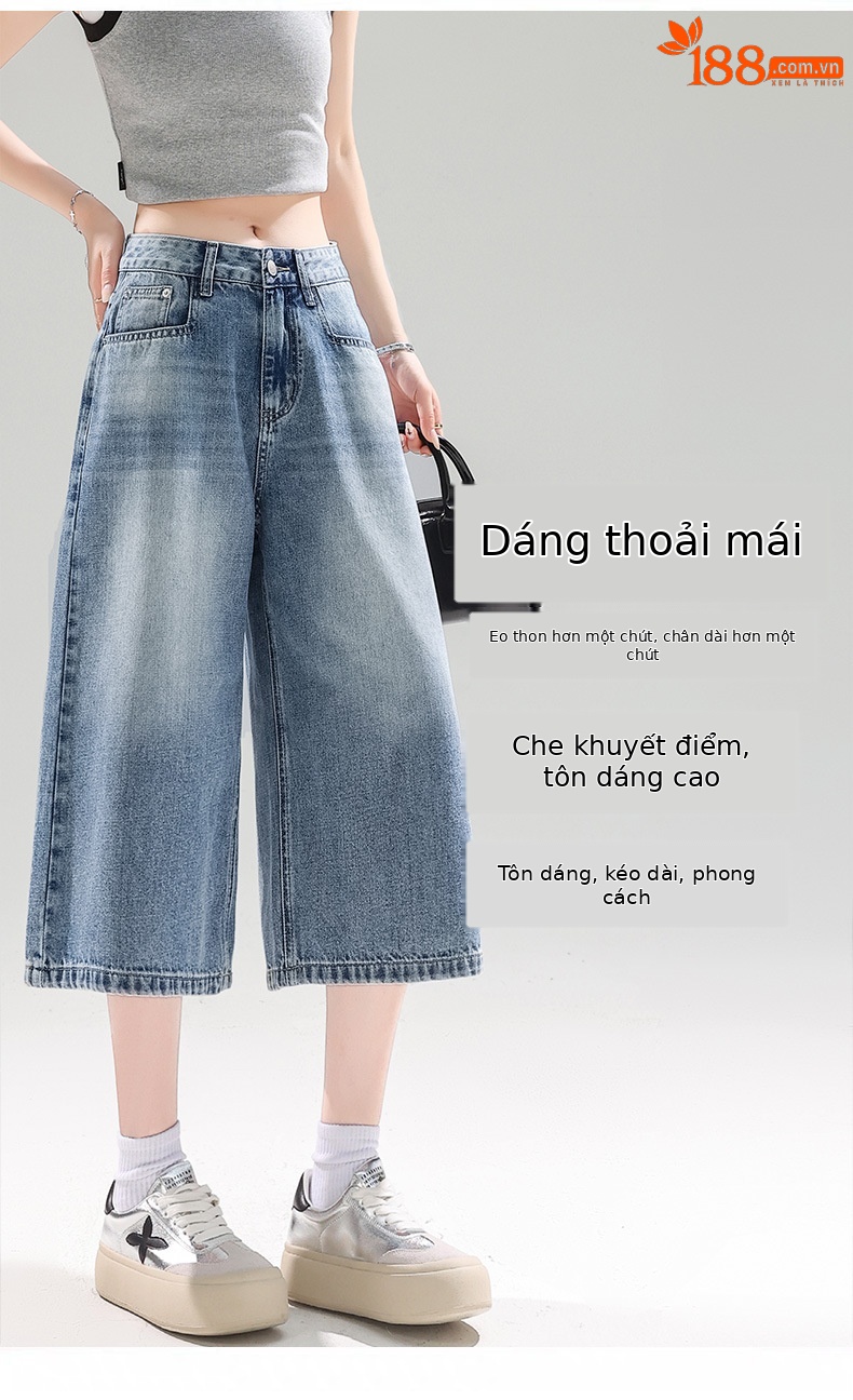 Quần jean nữ ống rộng cạp cao dáng suông mùa hè — Màu xanh lam chi tiết 10