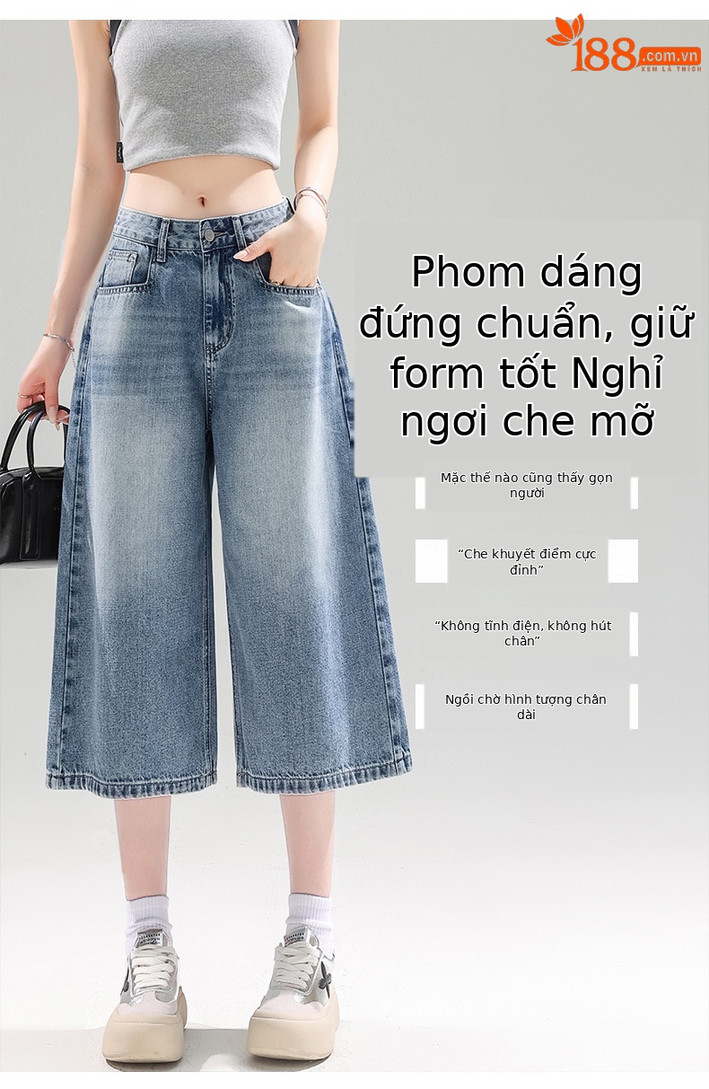 Quần jean nữ ống rộng cạp cao dáng suông mùa hè — Màu xanh lam chi tiết 2