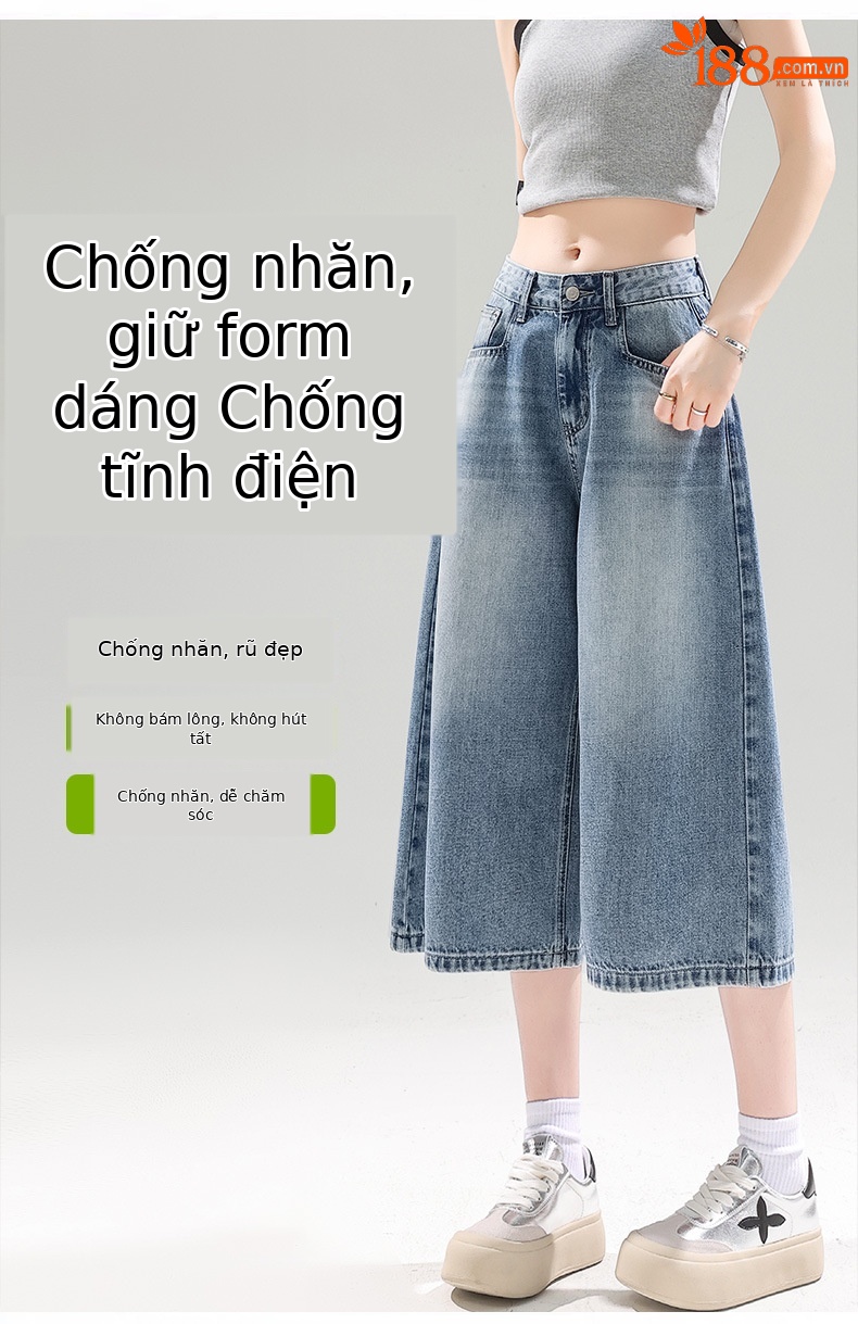 Quần jean nữ ống rộng cạp cao dáng suông mùa hè — Màu xanh lam chi tiết 5