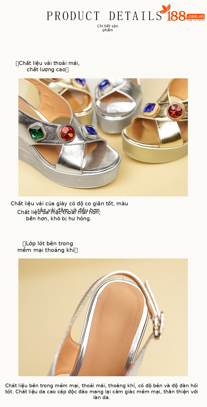 Sandal miệng cá vàng kiểu Pháp đế xuồng cao gót đính đá màu lớn — Màu vàng, Màu bạc chi tiết 7