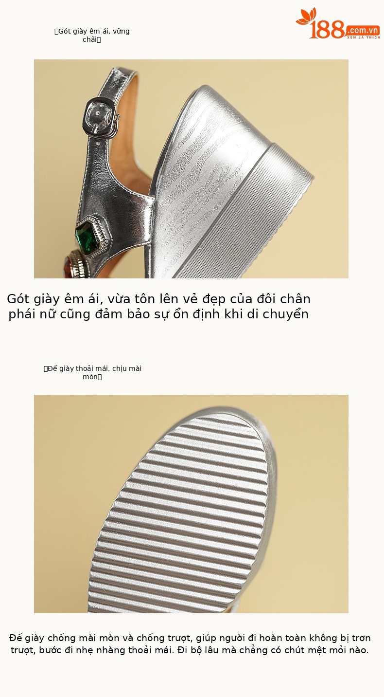 Sandal miệng cá vàng kiểu Pháp đế xuồng cao gót đính đá màu lớn — Màu vàng, Màu bạc chi tiết 8