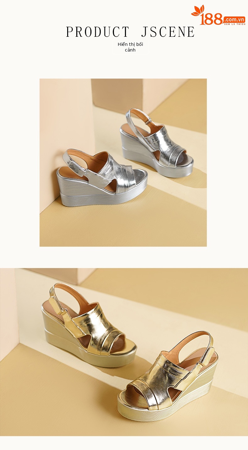 Sandal hở mũi nữ đế xuồng cao gót màu bạc phong cách La Mã đế dày độn cao — Màu vàng, Màu bạc chi tiết 5
