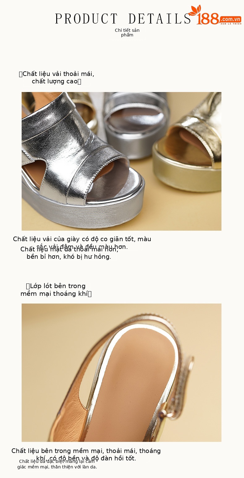 Sandal hở mũi nữ đế xuồng cao gót màu bạc phong cách La Mã đế dày độn cao — Màu vàng, Màu bạc chi tiết 7