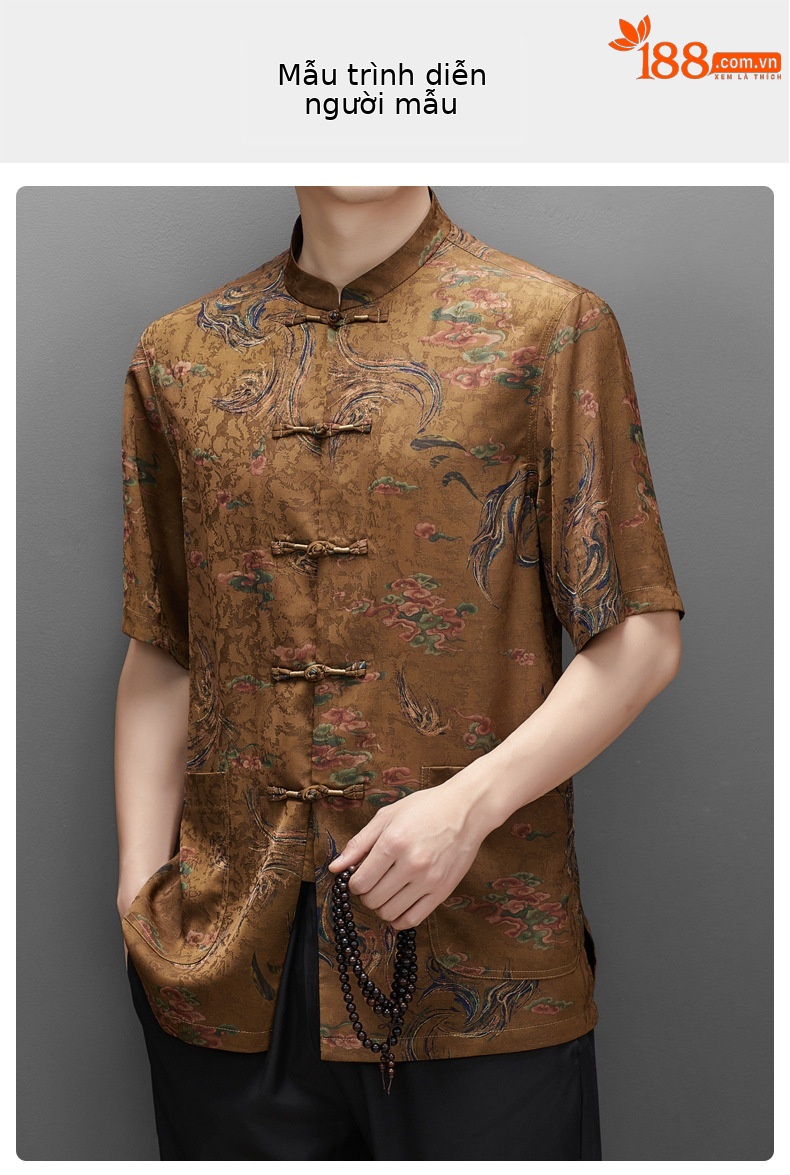 Bộ đồ lụa tơ tằm nam phong cách Trung Hoa mùa hè mỏng, quần dài tay ngắn dáng rộng — Bộ đồ đen 2280 chi tiết 25