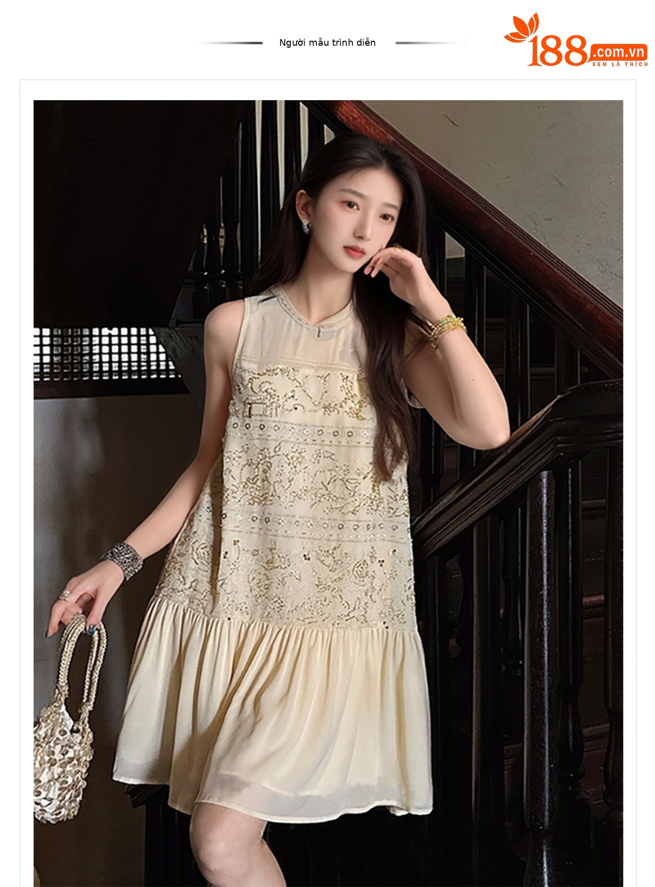 Đầm maxi nữ phong cách Trung Hoa thêu đính cườm retro mùa hè — Màu cà phê mẫu ngắn, Màu đen mẫu ngắn, Màu mơ mẫu ngắn, Màu đen dáng dài chi tiết 1