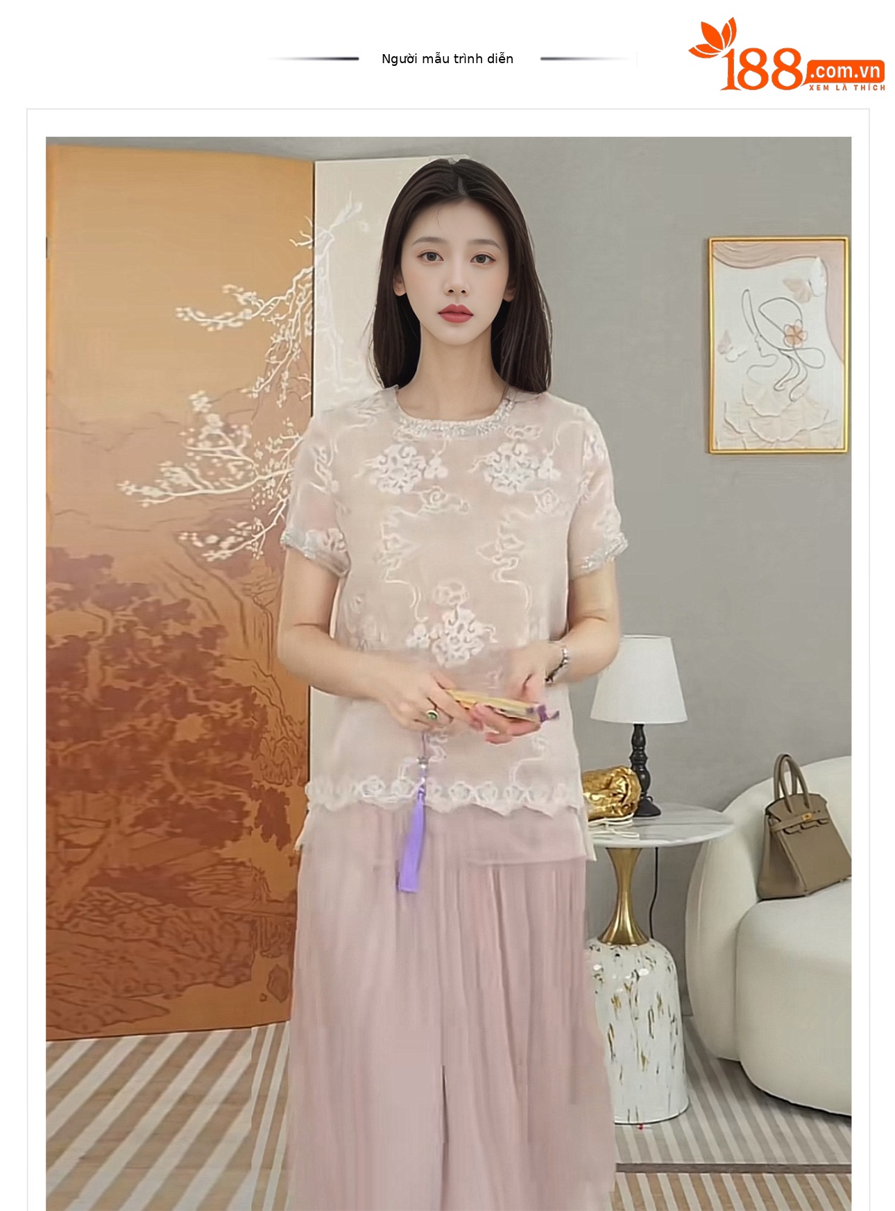 Bộ áo sơ mi và chân váy phong cách Trung Hoa mới, đính cườm tỉ mỉ, chất liệu cao cấp mùa hè — Quả mơ [Top], Màu hồng [trên cùng] chi tiết 1
