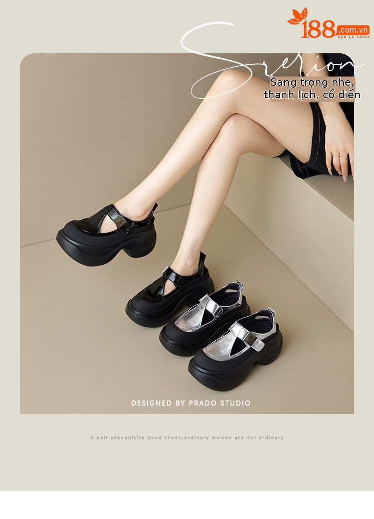 Sandal bít mũi đế dày da thật 2025 quai Velcro phong cách La Mã — Màu đen, Màu bạc chi tiết 1