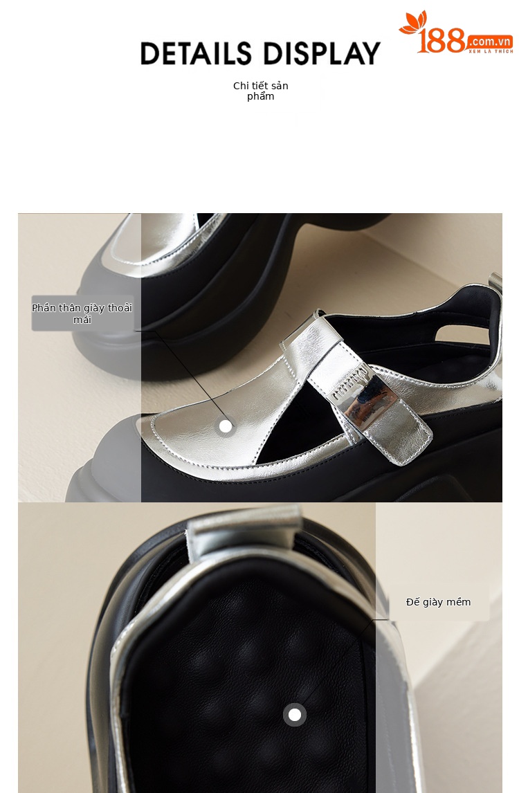 Sandal bít mũi đế dày da thật 2025 quai Velcro phong cách La Mã — Màu đen, Màu bạc chi tiết 16