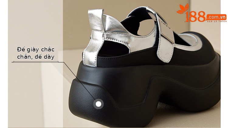 Sandal bít mũi đế dày da thật 2025 quai Velcro phong cách La Mã — Màu đen, Màu bạc chi tiết 17
