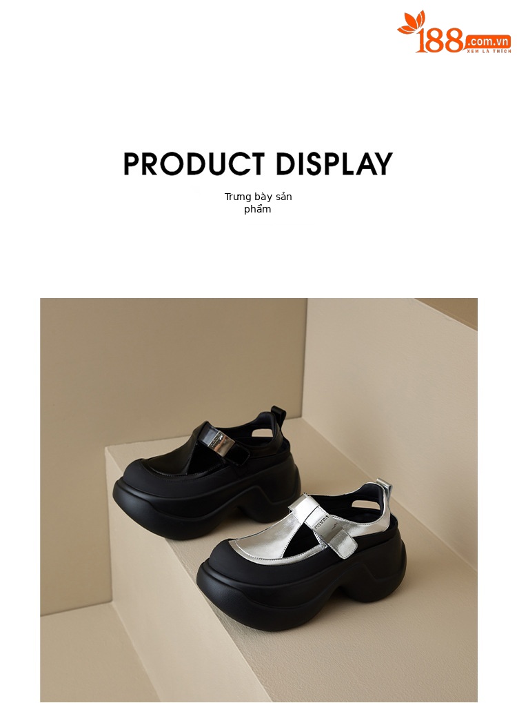 Sandal bít mũi đế dày da thật 2025 quai Velcro phong cách La Mã — Màu đen, Màu bạc chi tiết 19