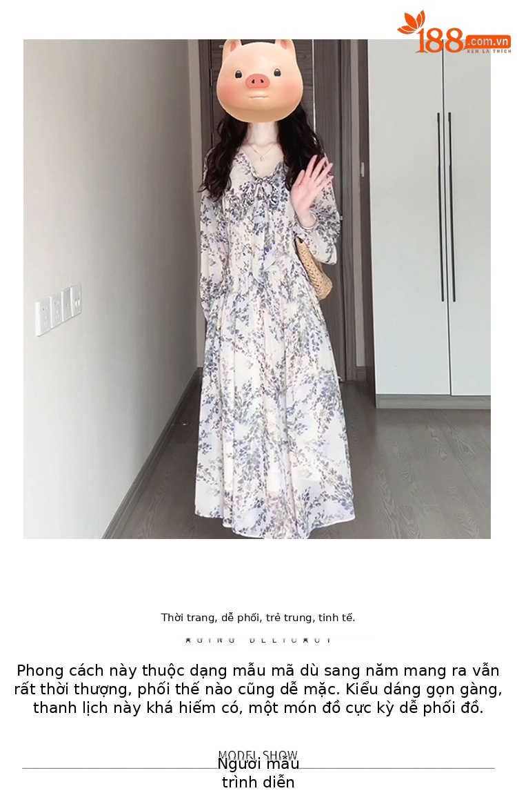 Đầm maxi nữ thắt eo voan hoa Pháp tay dài — Tím chi tiết 1