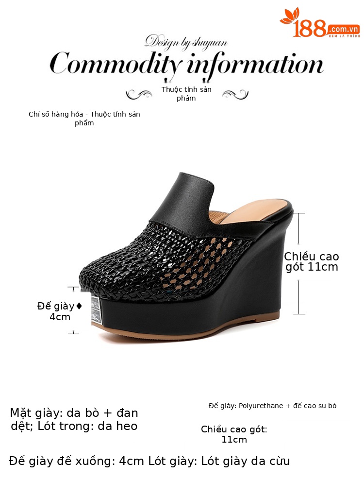 Dép lê đế xuồng đục lỗ bít mũi gót siêu cao 11cm phong cách Roman dệt da thật — Màu đen chi tiết 6