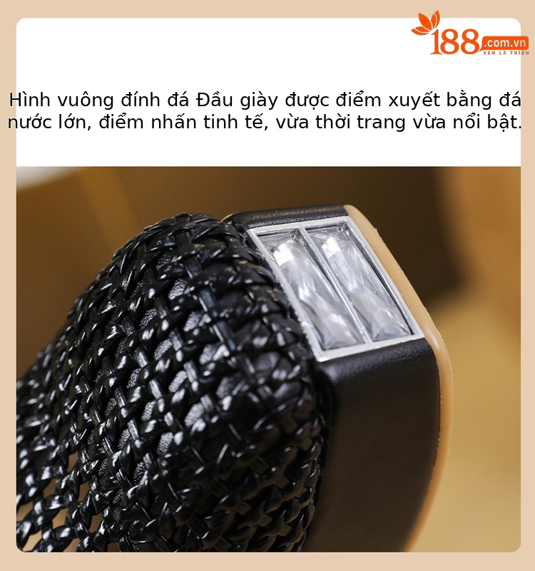 Dép lê đế xuồng đục lỗ bít mũi gót siêu cao 11cm phong cách Roman dệt da thật — Màu đen chi tiết 10