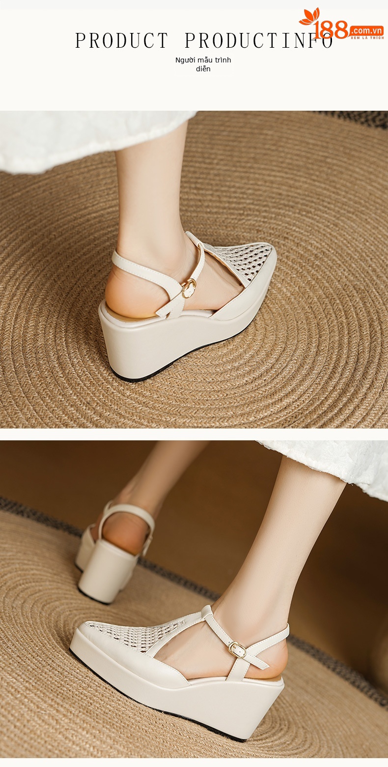 Sandal nữ bít mũi đế xuồng cao gót da thật dệt đan phong cách La Mã — Màu nâu, Màu trắng be chi tiết 2