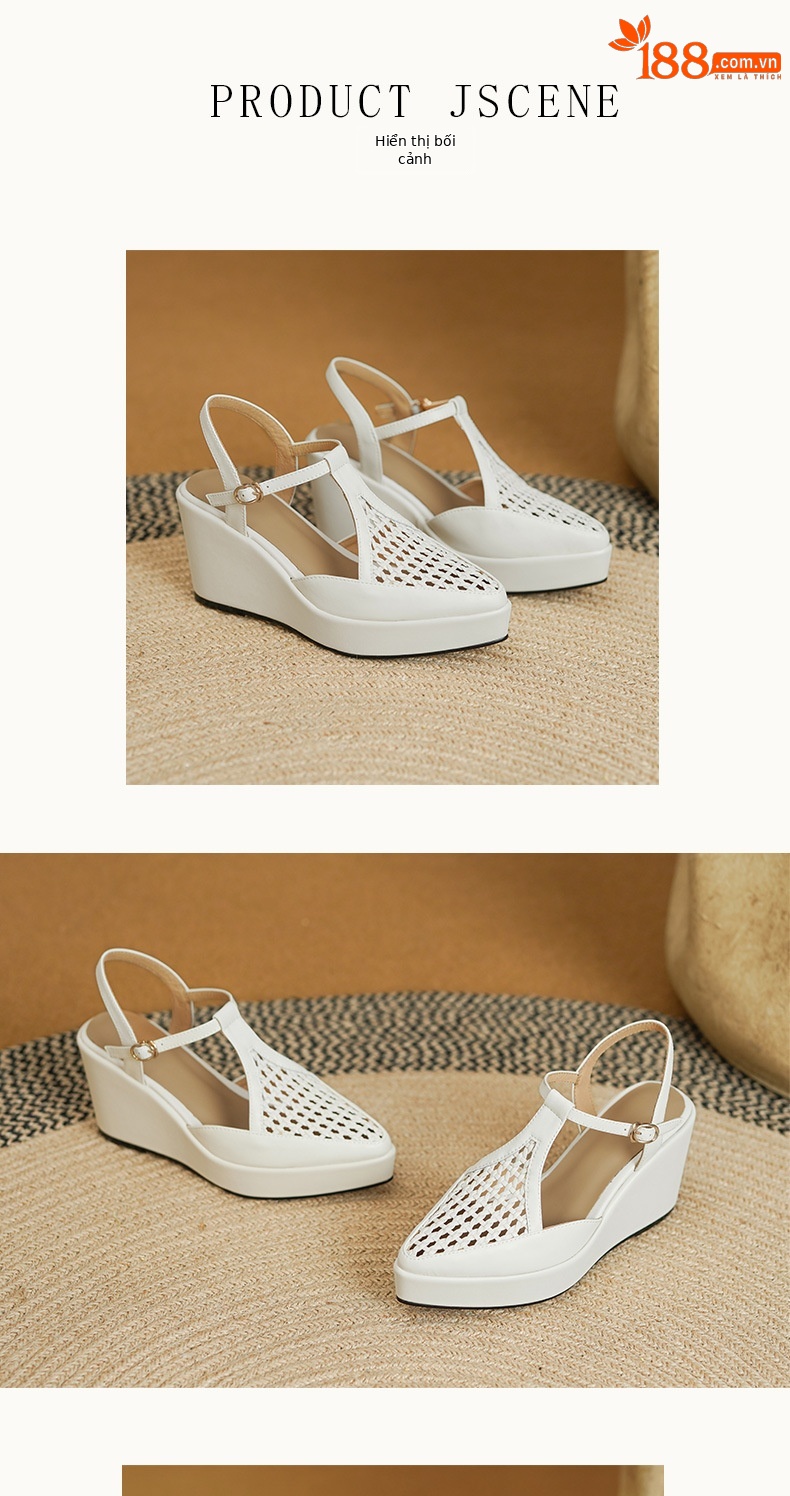 Sandal nữ bít mũi đế xuồng cao gót da thật dệt đan phong cách La Mã — Màu nâu, Màu trắng be chi tiết 5