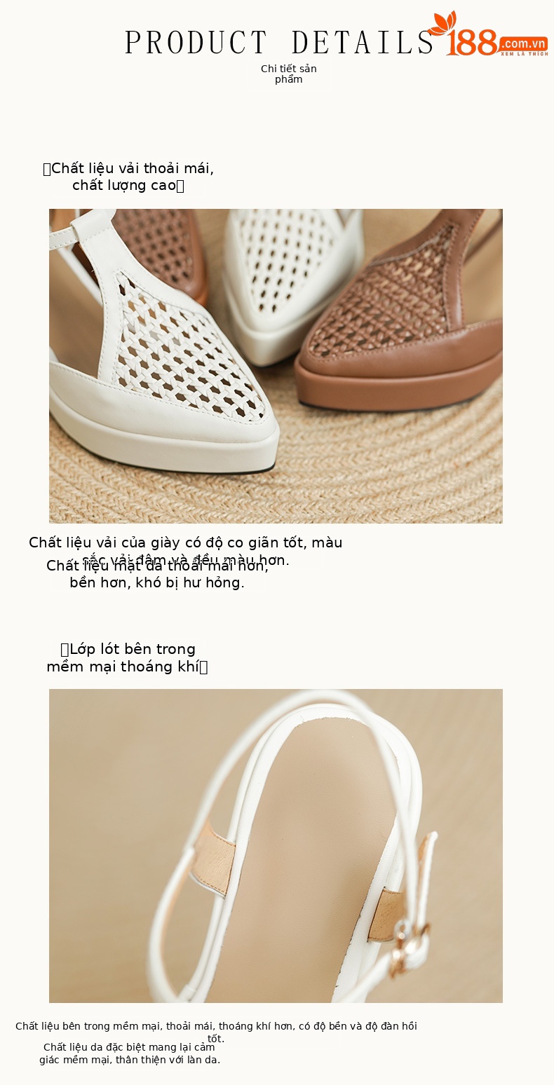 Sandal nữ bít mũi đế xuồng cao gót da thật dệt đan phong cách La Mã — Màu nâu, Màu trắng be chi tiết 7
