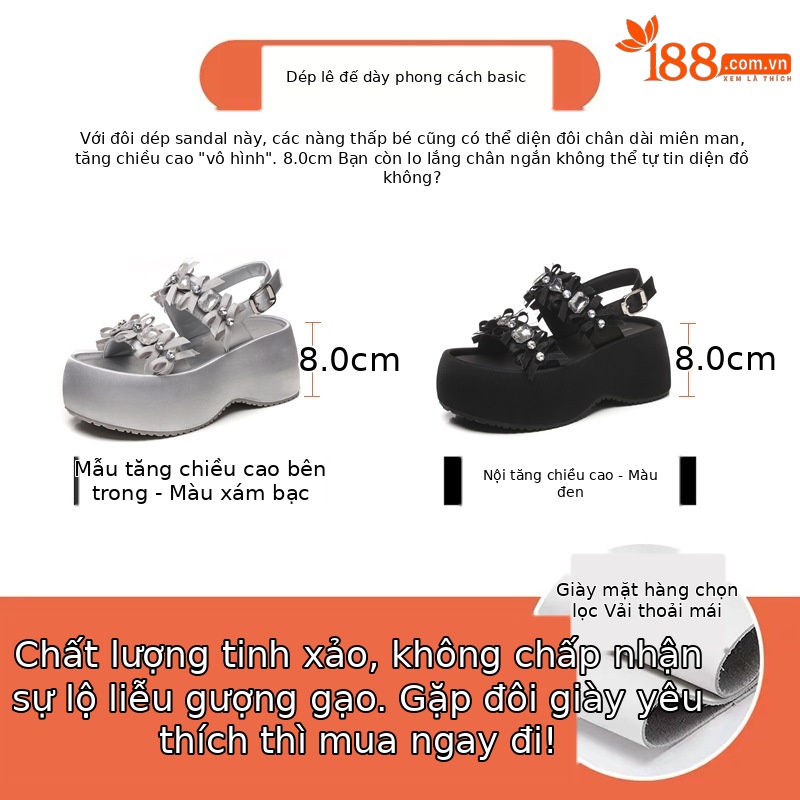 Sandal nữ đế bánh xốp đính đá phối váy thời trang mùa hè 2025 — Màu đen, Màu xám bạc