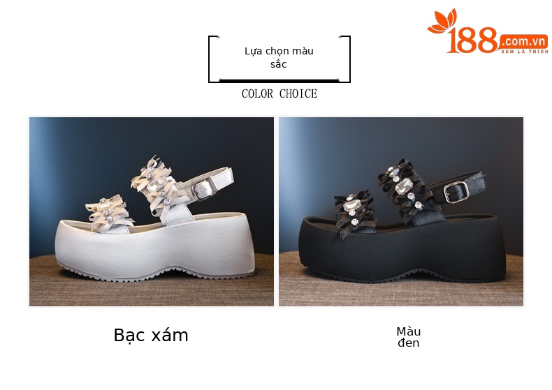 Sandal nữ đế bánh xốp đính đá phối váy thời trang mùa hè 2025 — Màu đen, Màu xám bạc chi tiết 2
