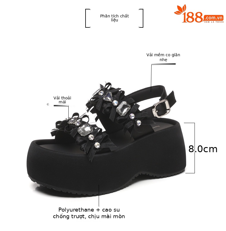 Sandal nữ đế bánh xốp đính đá phối váy thời trang mùa hè 2025 — Màu đen, Màu xám bạc chi tiết 3