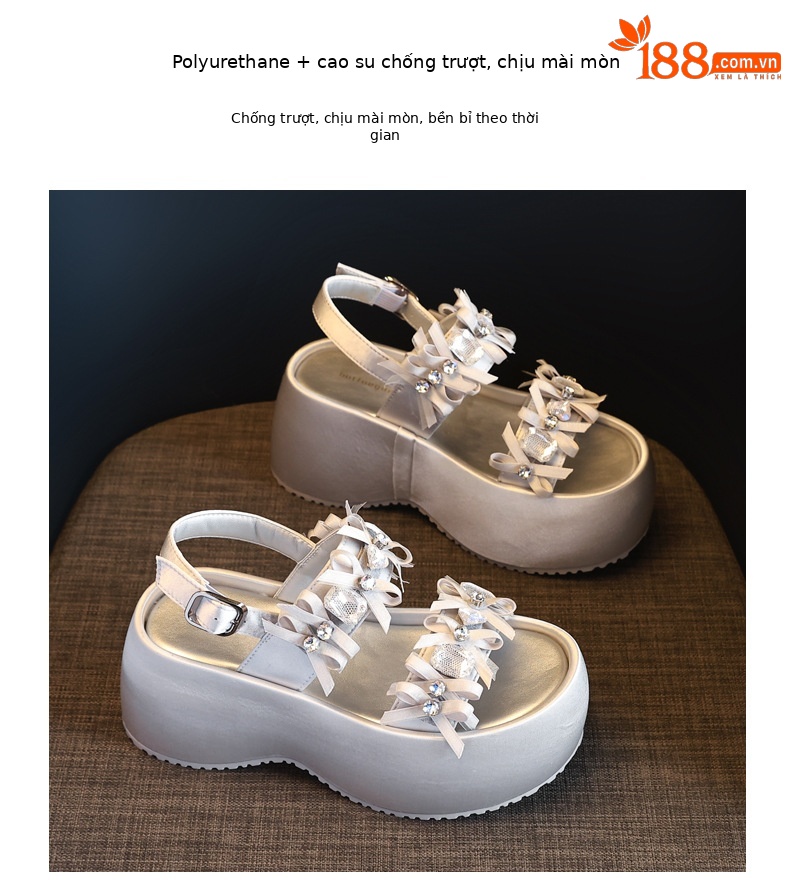 Sandal nữ đế bánh xốp đính đá phối váy thời trang mùa hè 2025 — Màu đen, Màu xám bạc chi tiết 10