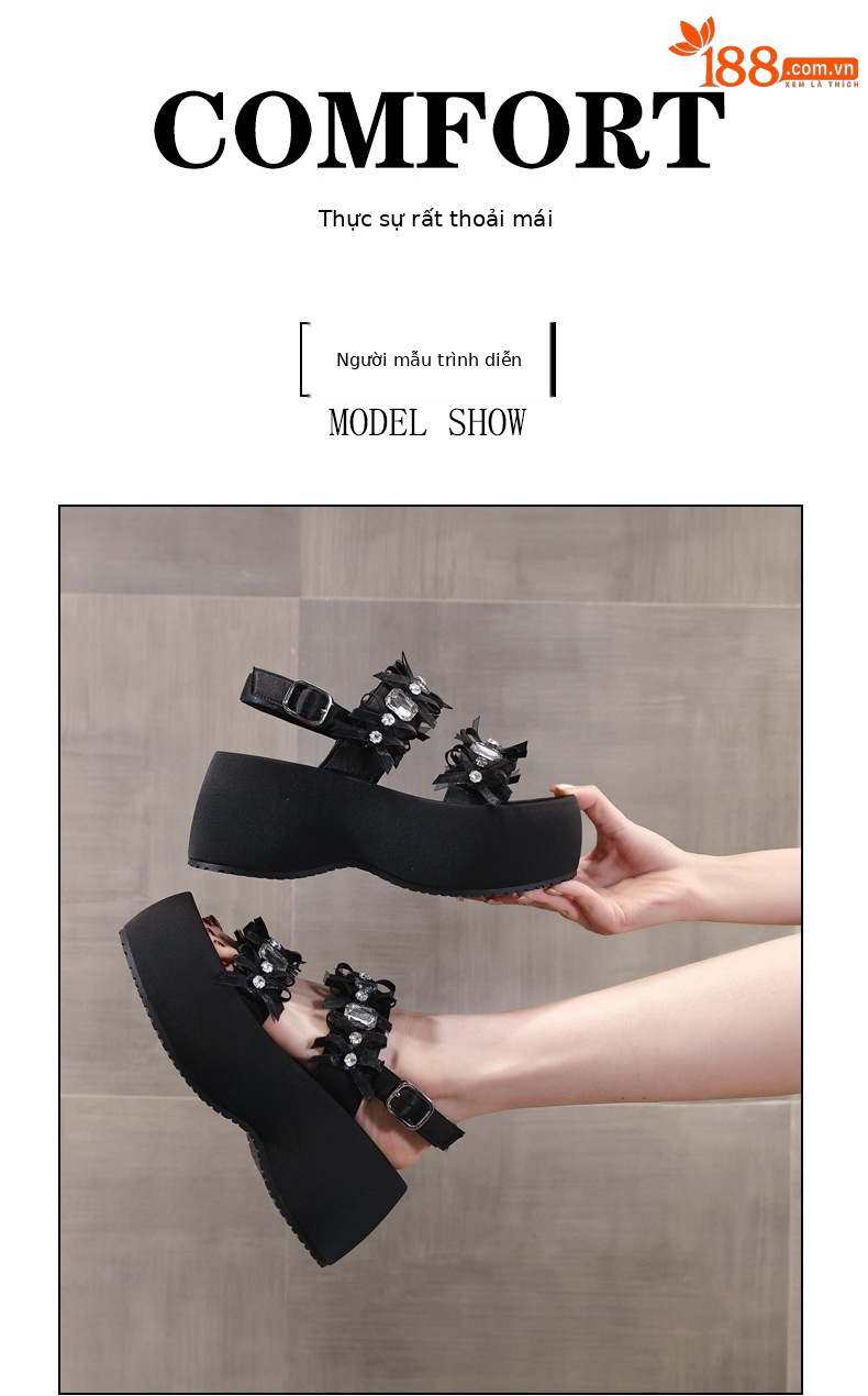 Sandal nữ đế bánh xốp đính đá phối váy thời trang mùa hè 2025 — Màu đen, Màu xám bạc chi tiết 11