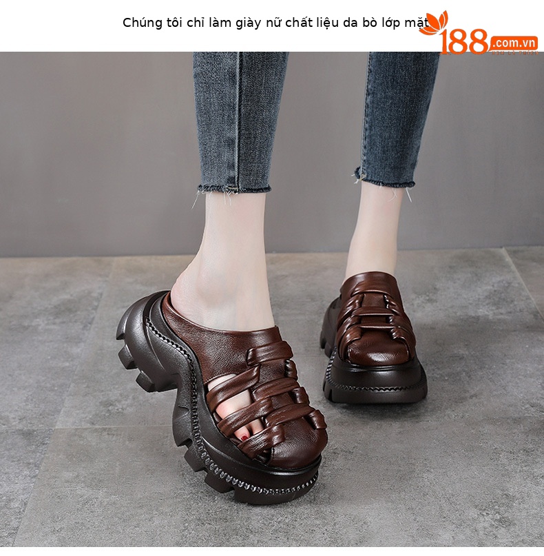 Dép lê bít mũi da bò cao gót đế xuồng platform — Màu nâu chi tiết 2