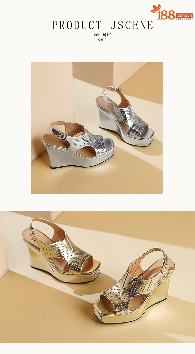 Sandal đế xuồng nữ mũi vuông phong cách La Mã, gót 11 cm, họa tiết đục lỗ — Màu vàng chi tiết 5