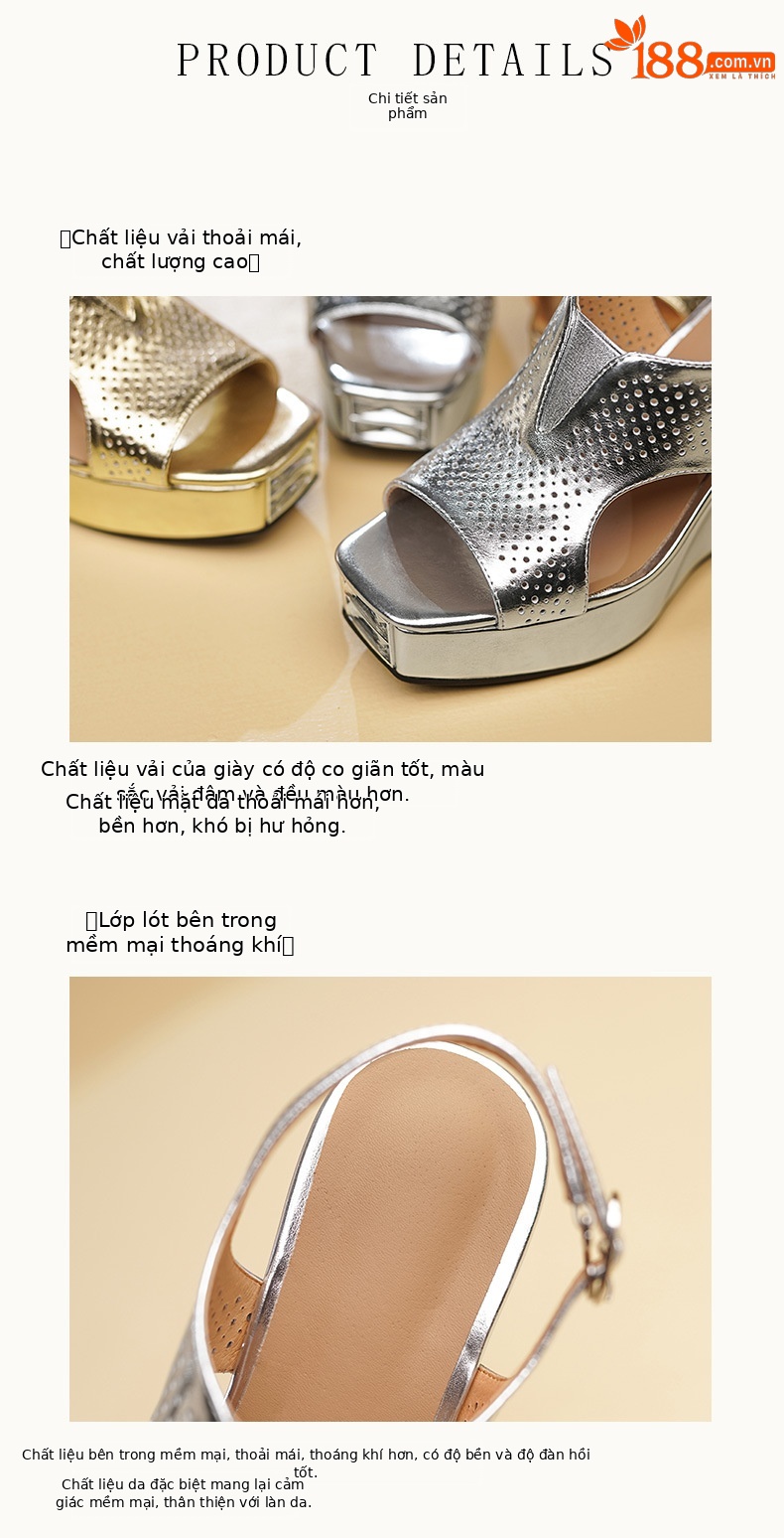 Sandal đế xuồng nữ mũi vuông phong cách La Mã, gót 11 cm, họa tiết đục lỗ — Màu vàng chi tiết 7