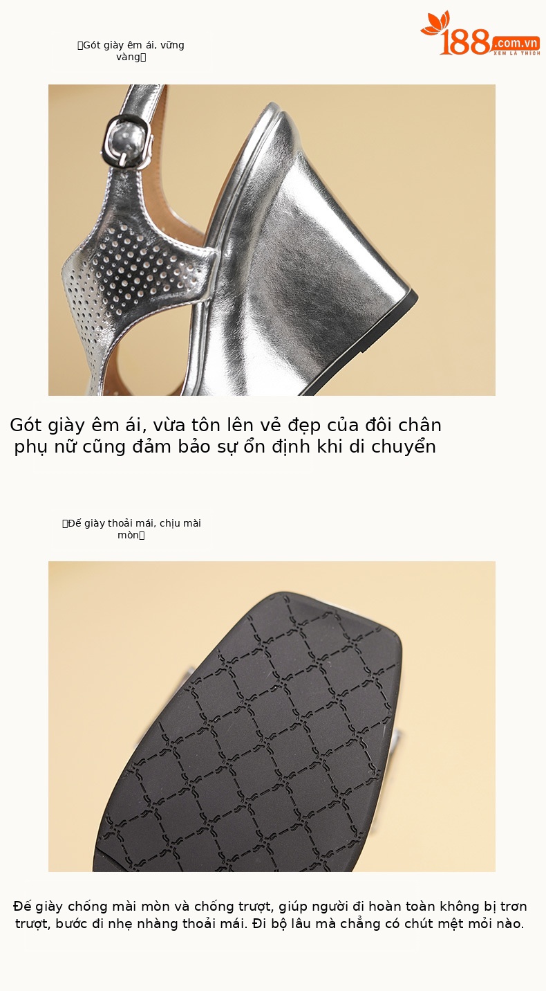 Sandal đế xuồng nữ mũi vuông phong cách La Mã, gót 11 cm, họa tiết đục lỗ — Màu vàng chi tiết 8