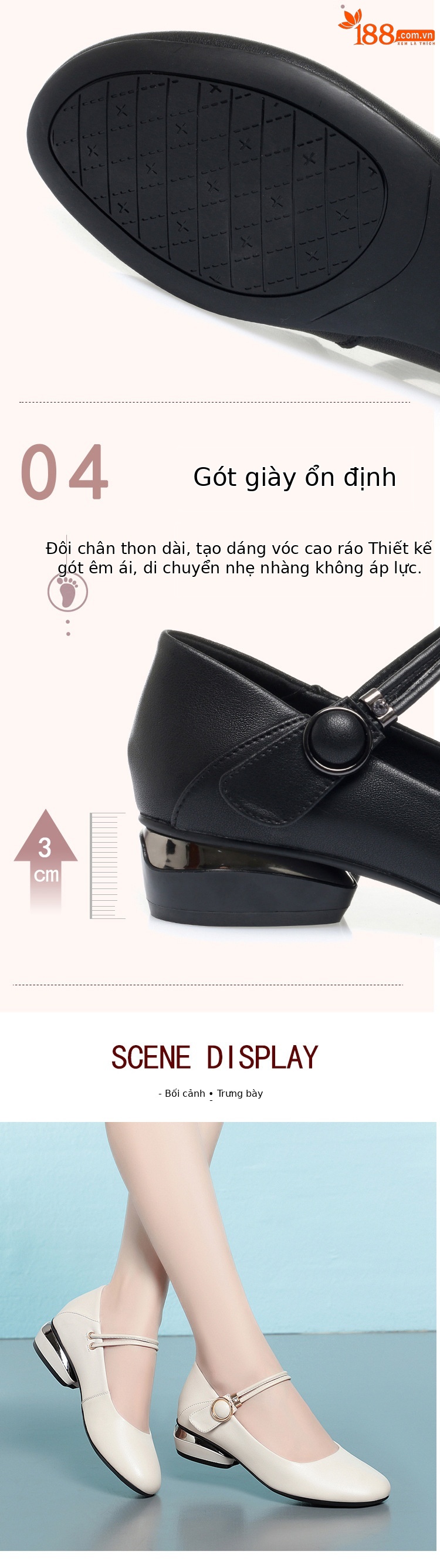 Giày Mary Jane nữ da thật đế dày miệng nông — Màu be chi tiết 3