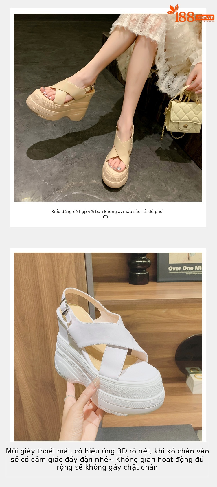Sandal da bò hở mũi gót xuồng 14cm tăng chiều cao phong cách La Mã — Màu trắng, Màu mơ chi tiết 6