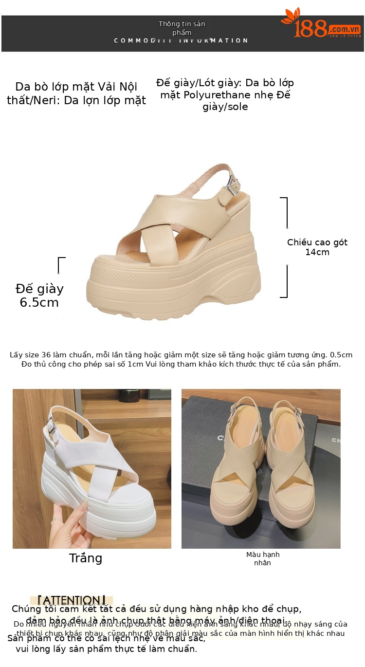 Sandal da bò hở mũi gót xuồng 14cm tăng chiều cao phong cách La Mã — Màu trắng, Màu mơ chi tiết 3