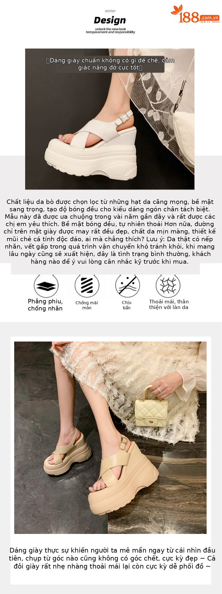 Sandal da bò hở mũi gót xuồng 14cm tăng chiều cao phong cách La Mã — Màu trắng, Màu mơ chi tiết 4