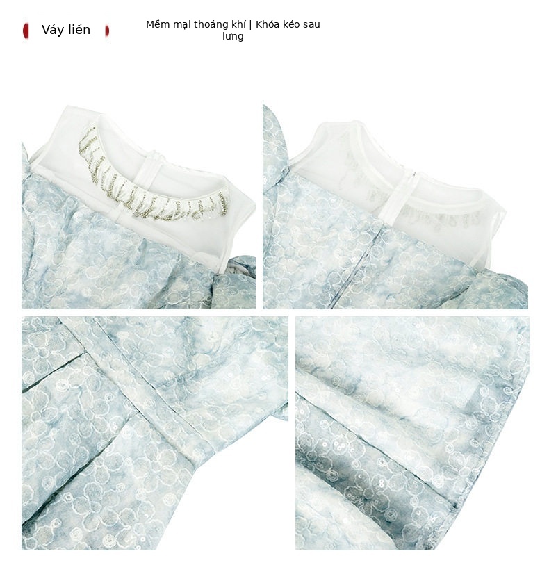 Đầm ren nữ tay bồng cổ tròn A chữ A dáng midi — [Xanh dương] chi tiết 3